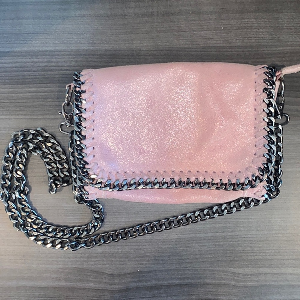 Pink shiny crossbody purse with silver chain straps
